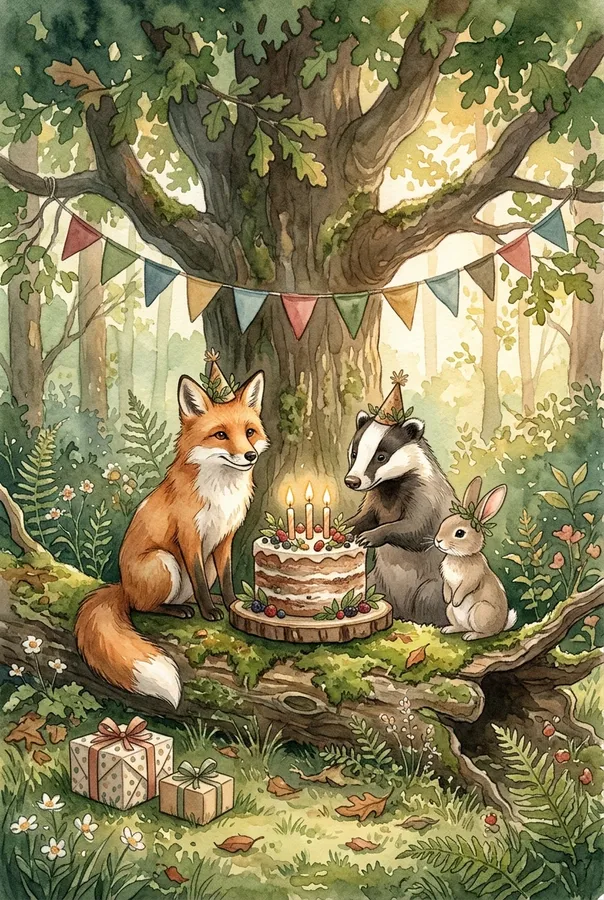 Example of the Watercolour style — a woodland birthday scene, not your image